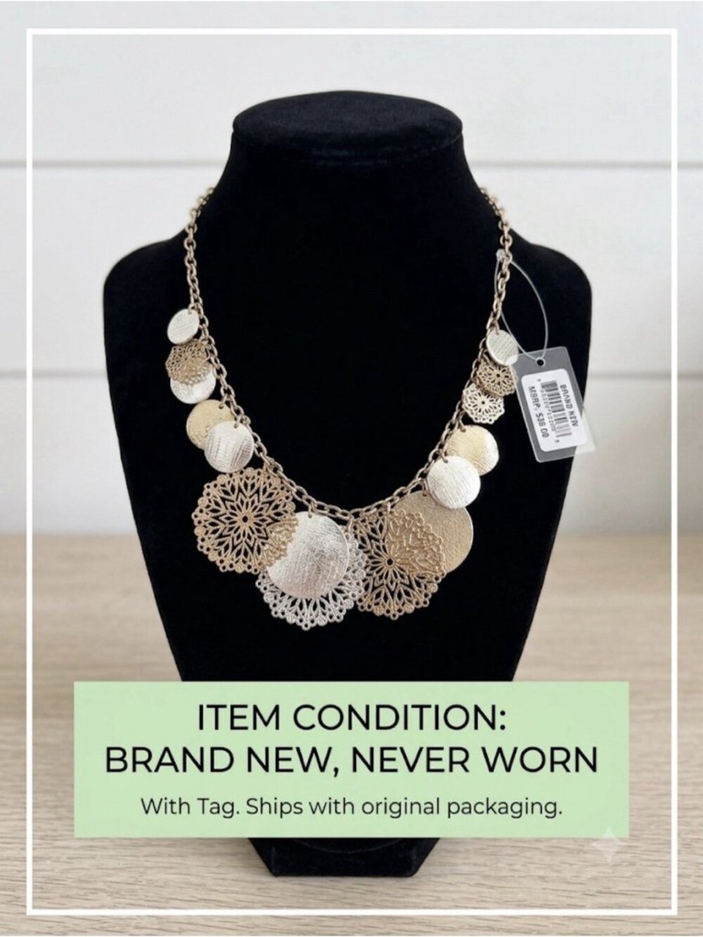Two Tone Filigree Disk Statement Necklace 18" Gold & Silver Tone Choker NEW